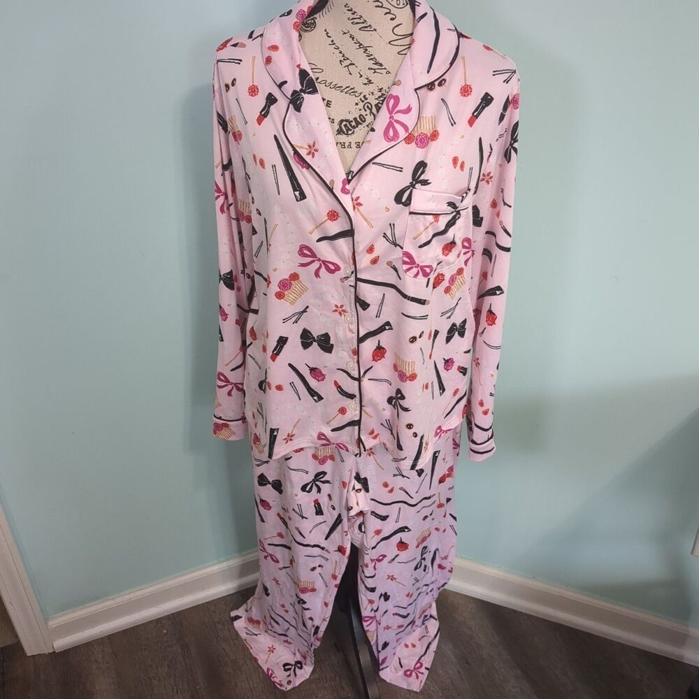 Kate Spade Women's 2 Piece Pajama Pants Set large Pink w/Multi Accessories